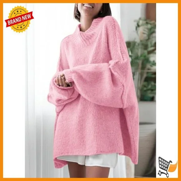 Oversized Mock Neck Batwing Sweater Ribbed Knit Tunic Pullover - Picture 3 of 8